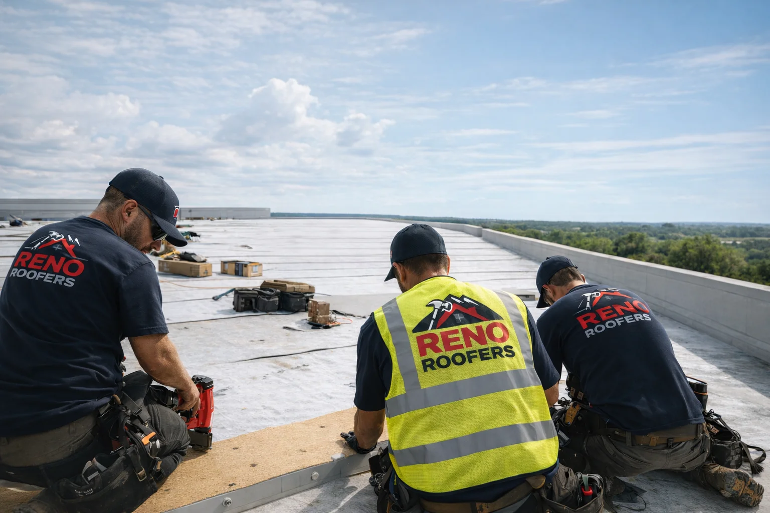 Three roofers from "Reno Roofers" work on a flat rooftop under a blue sky. Wearing safety gear, they focus on installing roofing materials.