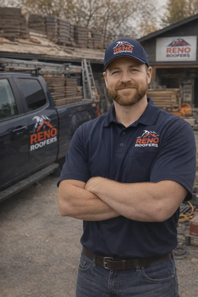 Man in a "Reno Roofers" cap and polo shirt stands confidently with arms crossed. A truck and building with the same logo are in the background.