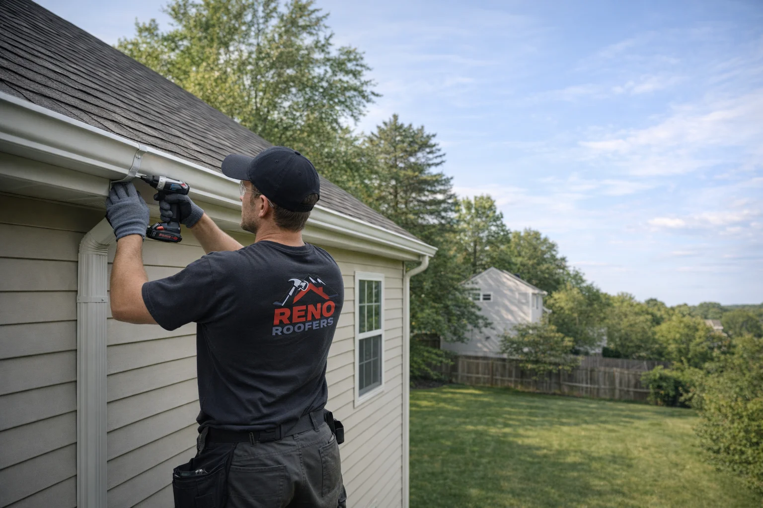A roofer wearing a black cap and gloves uses a drill to fix a gutter on a house under a blue sky. The backyard has green grass and trees.