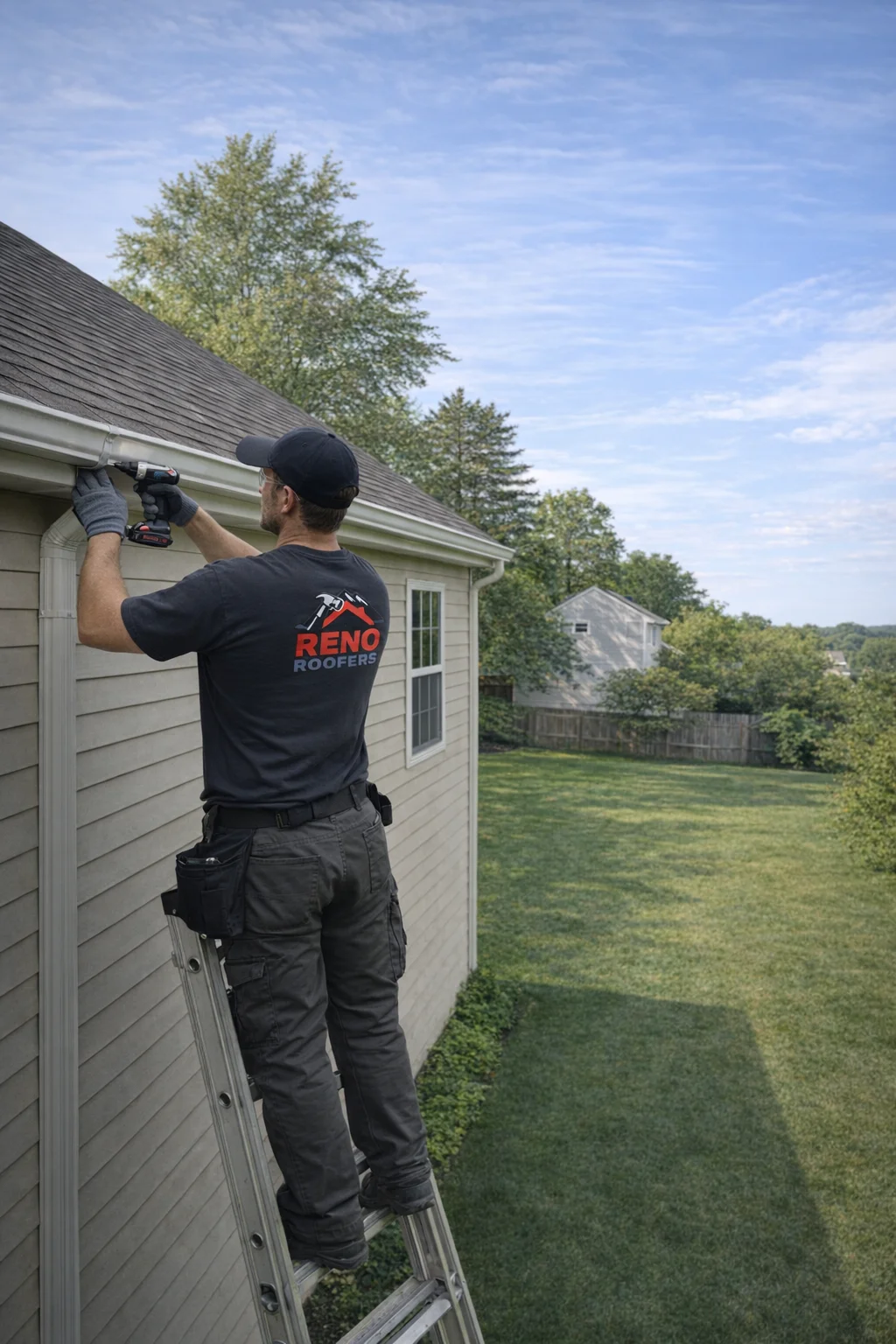 A person on a ladder repairs a gutter, wearing a "Reno Roofers" shirt and gloves. The house is surrounded by a green lawn and trees under a clear sky.