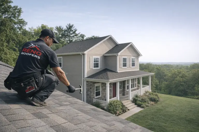 A roofer in a black uniform kneels on a residential roof, repairing shingles under a blue sky. A two-story house and lush trees are in the background.