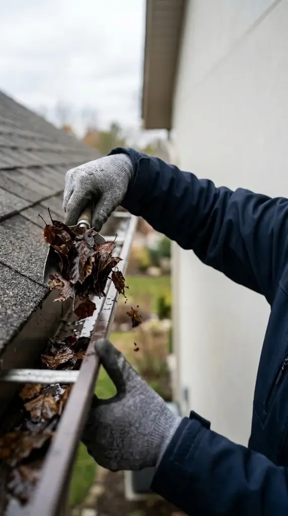 A person wearing gray gloves and a blue jacket cleans a house gutter filled with brown leaves using a small scoop. The scene suggests autumn maintenance.
