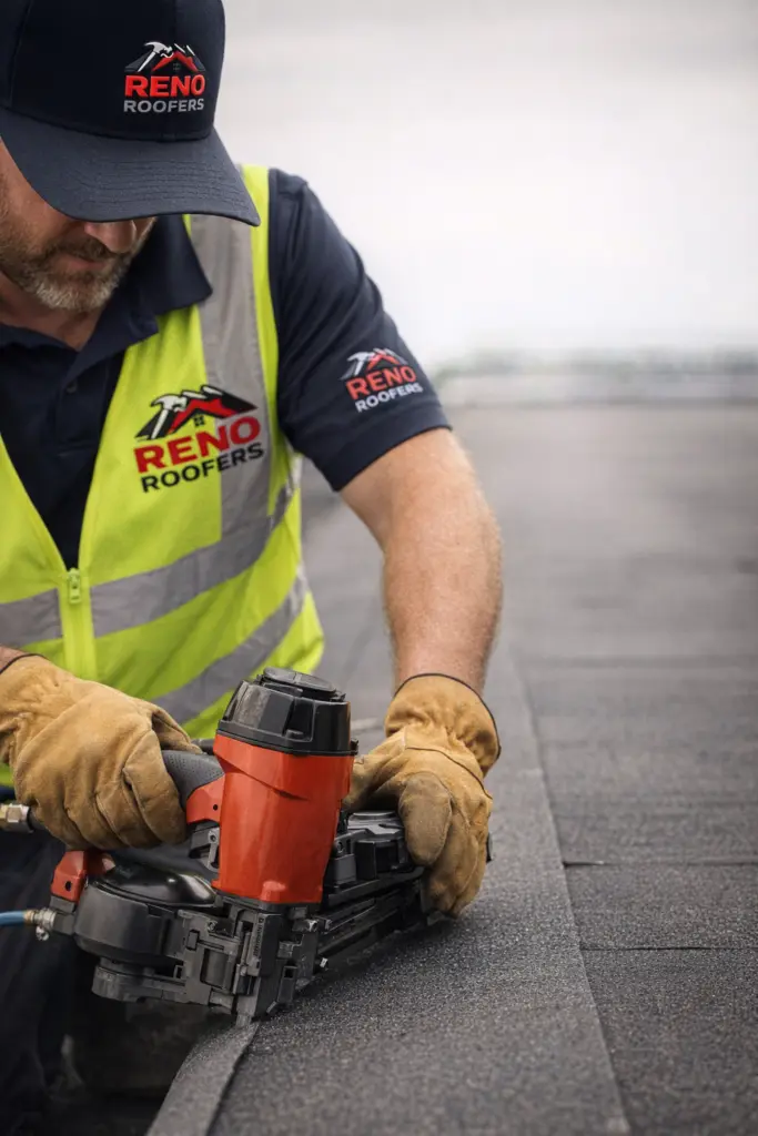 A person wearing a yellow safety vest and gloves operates a nail gun on a roof. The vest features a "Reno Roofers" logo, conveying professionalism and focus.